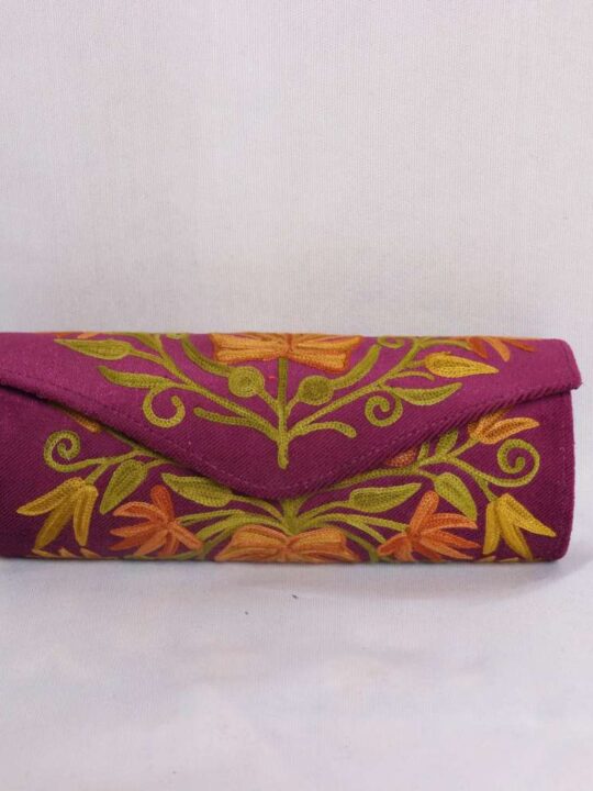 Magenta Velvet Round Clutch Bag with Floral Aari Embroidery