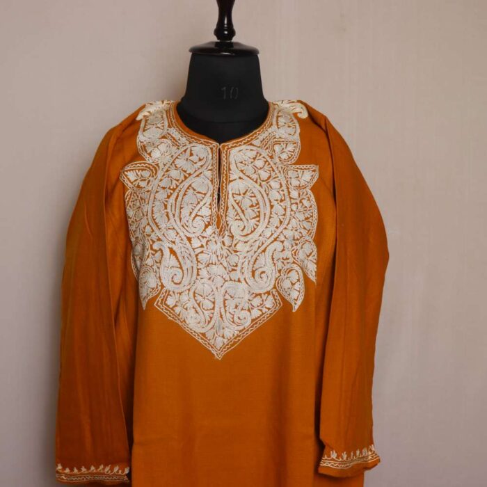 Noor Mustard Kashmiri Cashmilon Pheran with Aari Embroidery
