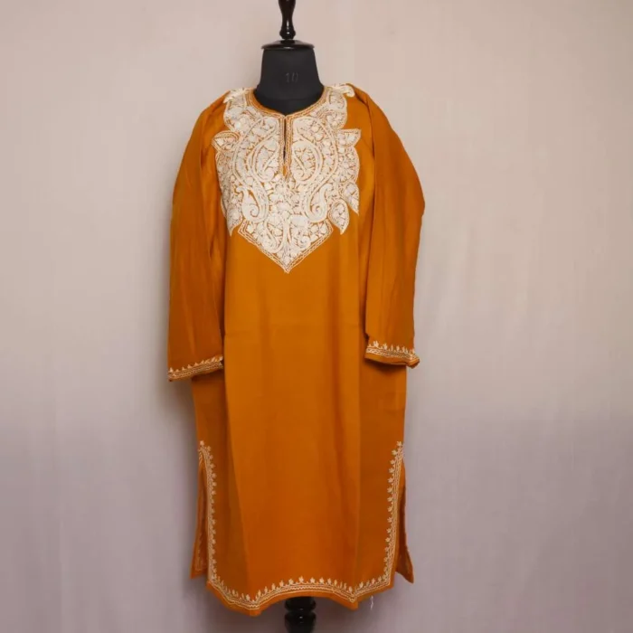 Noor Mustard Kashmiri Cashmilon Pheran with Aari Embroidery - Image 2