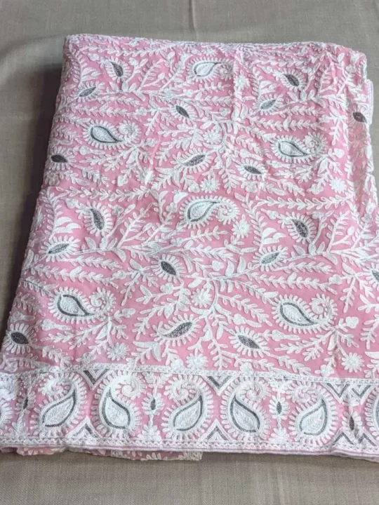 Pastel Pink Badami Georgette Saree with Elegant Aari and Zari Embroidery - Gulnoor