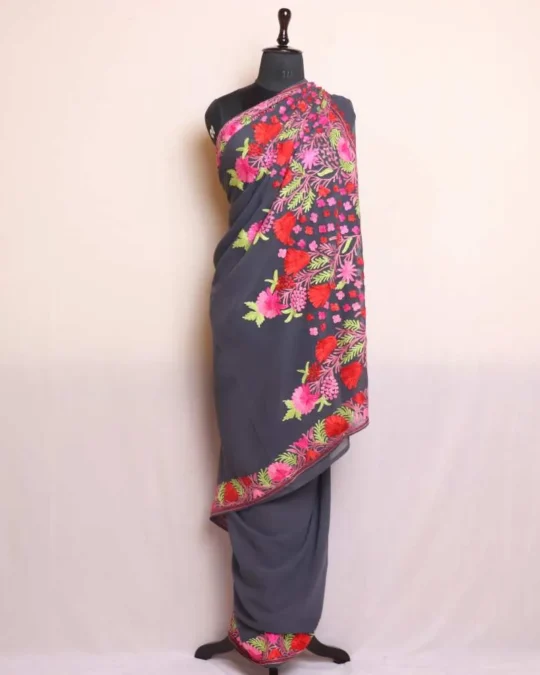 Dark Grey Georgette Saree With heavy Floral Aari Embroidery Pallu