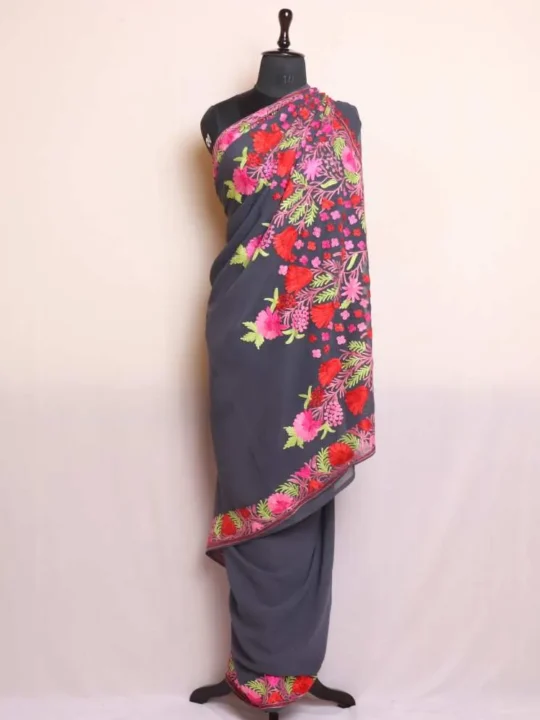 Dark Grey Georgette Saree With heavy Floral Aari Embroidery Pallu