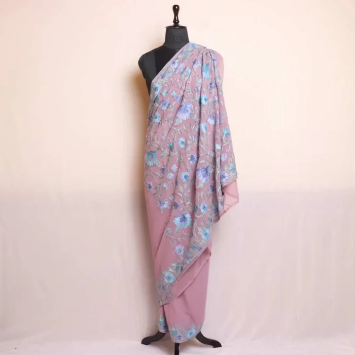Lavendar Georgette Saree With Jaal Floral Aari Embroidery Pallu