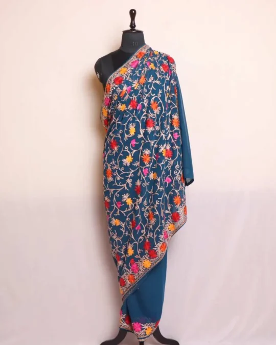 Blue Georgette Saree With Jaal Floral Aari Embroidery Pallu