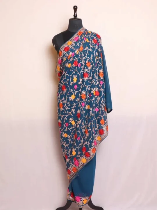 Blue Georgette Saree With Jaal Floral Aari Embroidery Pallu