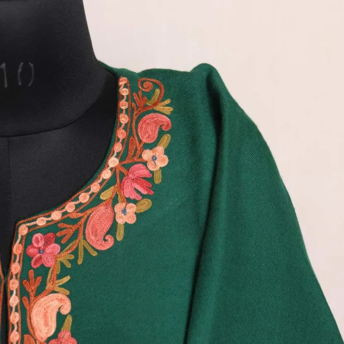 Green Badami Raffal Pheran With Heavy Sleeve & Border Embroidery - Firdous Collection - Image 3