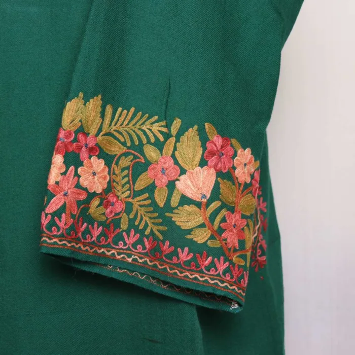 Green Badami Raffal Pheran With Heavy Sleeve & Border Embroidery - Firdous Collection - Image 2