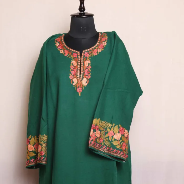 Green Badami Raffal Pheran With Heavy Sleeve & Border Embroidery - Firdous Collection - Image 4