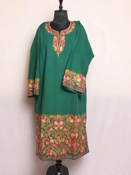 Green Badami Raffal Pheran With Heavy Sleeve & Border Embroidery - Firdous Collection
