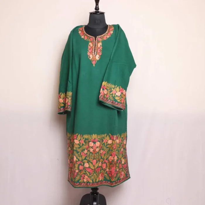 Green Badami Raffal Pheran With Heavy Sleeve & Border Embroidery - Firdous Collection