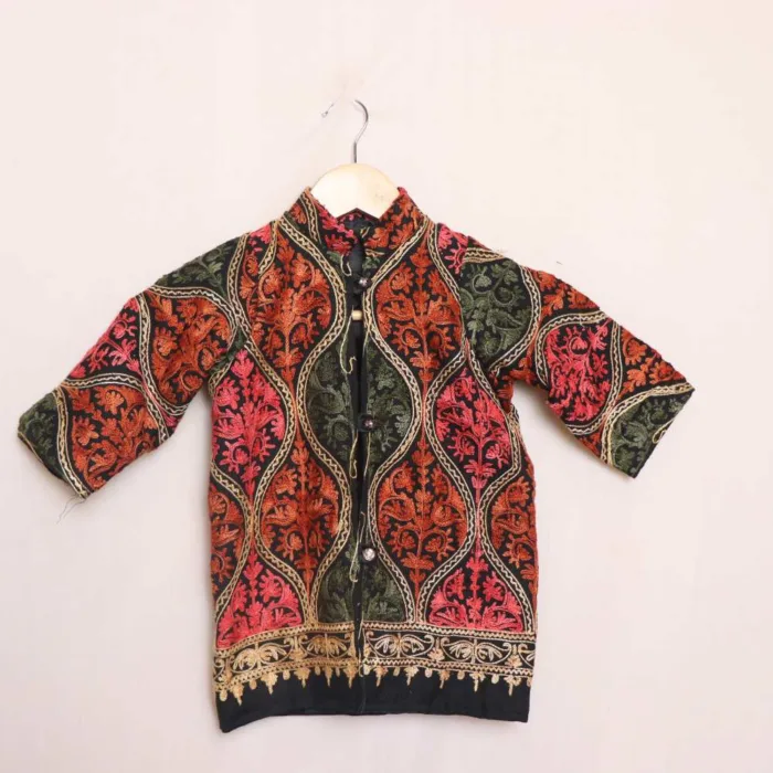 Black Badami Jama Kashmiri Kids Coat With Ari Work (L 19)