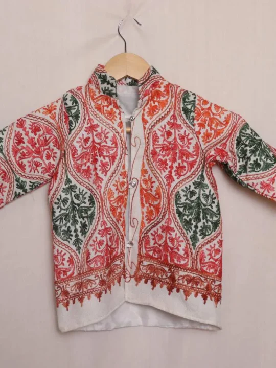 White Badami Jama Kashmiri Kids Coat With Ari Work (L 18)