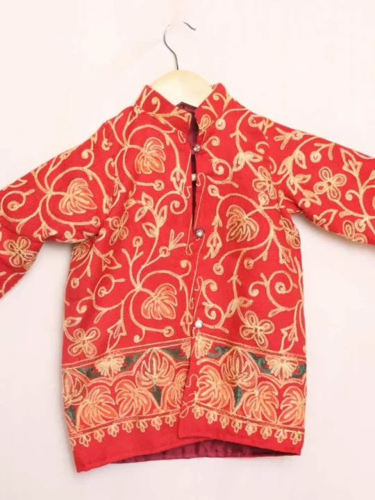 Red Jaal Kashmiri Kids Coat With Ari Work (L 19)