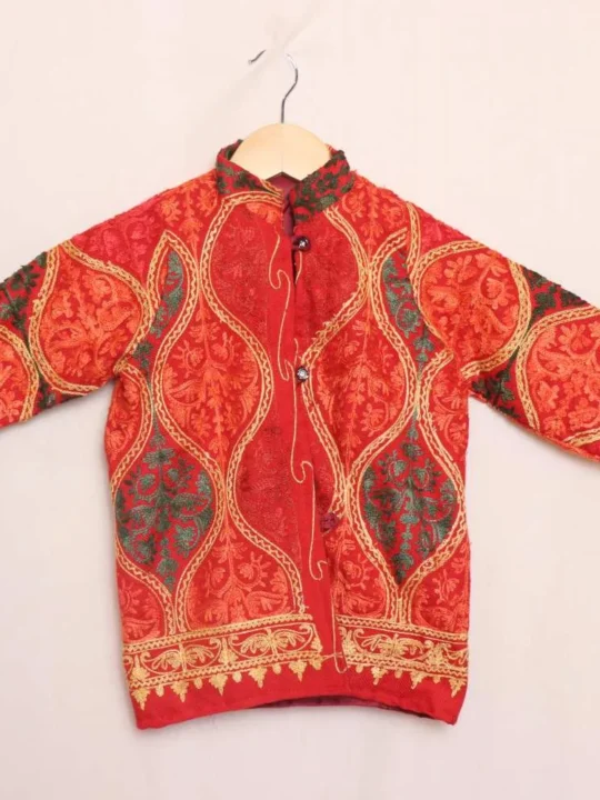 Red Badami Jama Kashmiri Kids Coat With Ari Work (L 18)