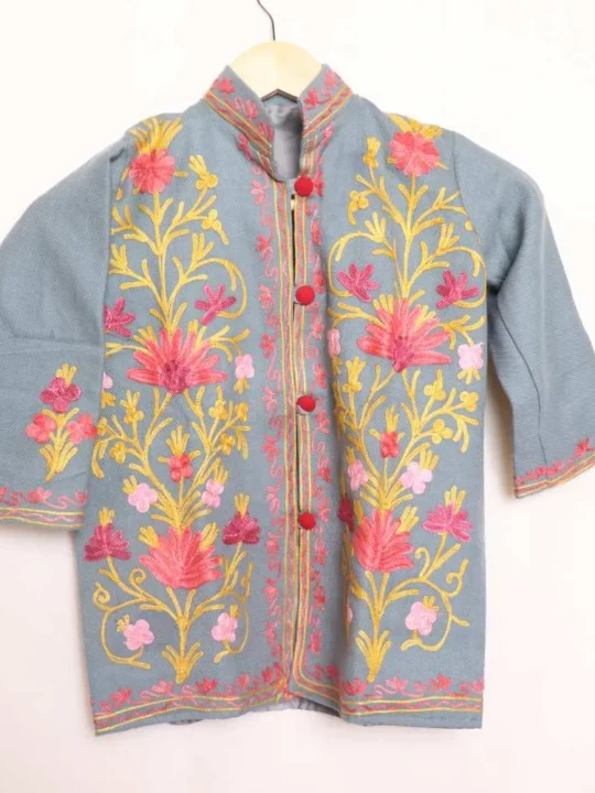 Grey Kashmiri Kids Coat With Floral Ari Work (L 21)