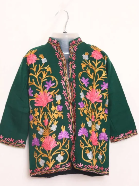 Green Kashmiri Kids Coat With Floral Ari Work (L 20)