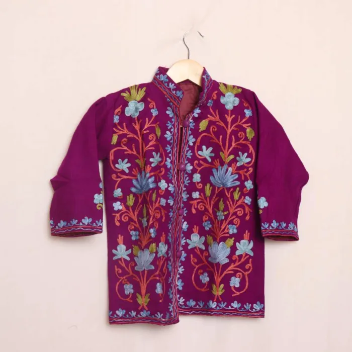 Magenta Kashmiri Kids Coat With Floral Ari Work (L 21)