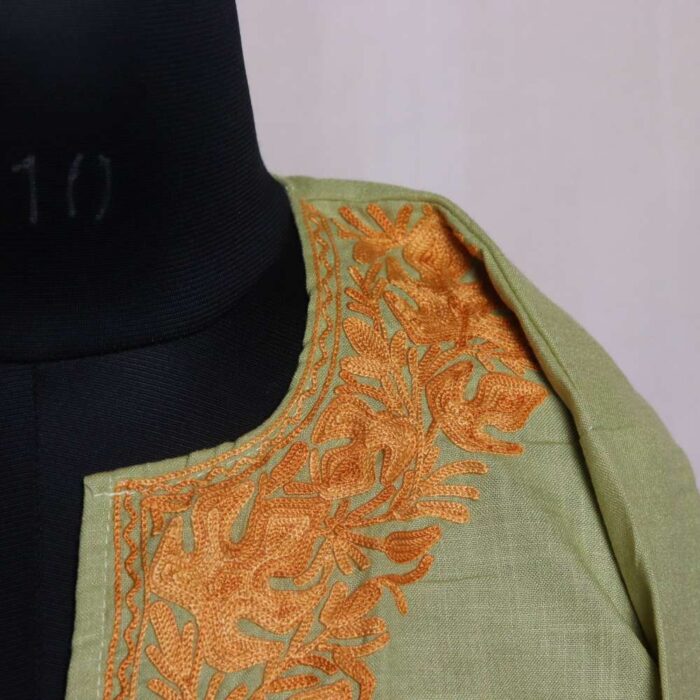 Pale Green Fatima Kashmiri Short Cotton Aari Worked Kurti - Image 3