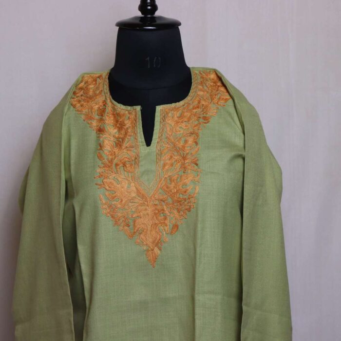 Pale Green Fatima Kashmiri Short Cotton Aari Worked Kurti - Image 2