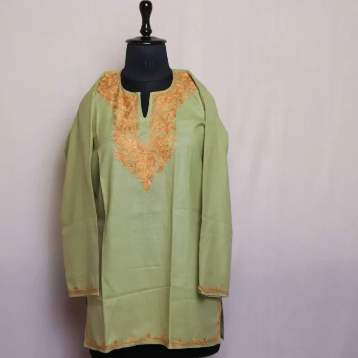 Pale Green Fatima Kashmiri Short Cotton Aari Worked Kurti