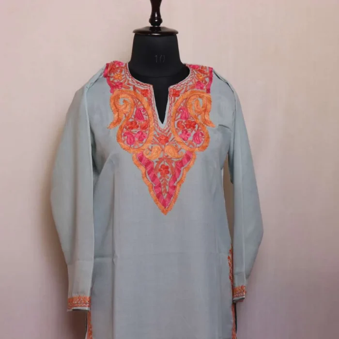 Light Blue Zoya Kashmiri Aari Embroidered Kurti Summer Cool - Image 2
