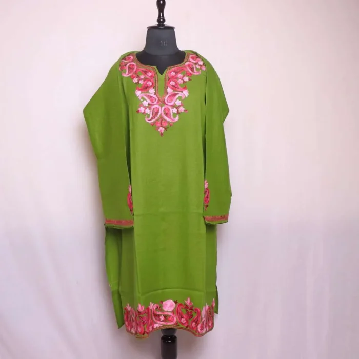 Zaina Mehndi Green Kashmiri Raffal Pheran Kurta for Women