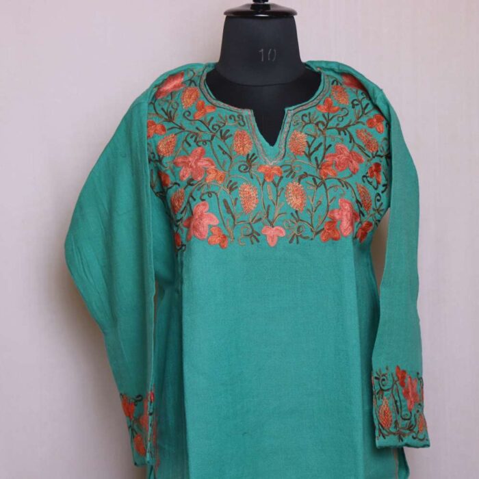 Sahira Aqua Kashmiri Raffal Pheran Kurta with Aari Embroidery - Image 2
