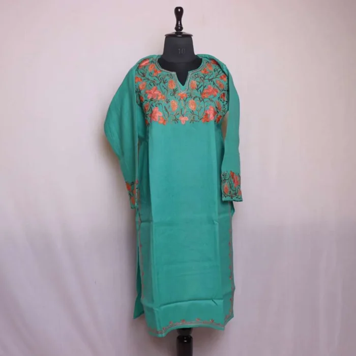 Sahira Aqua Kashmiri Raffal Pheran Kurta with Aari Embroidery