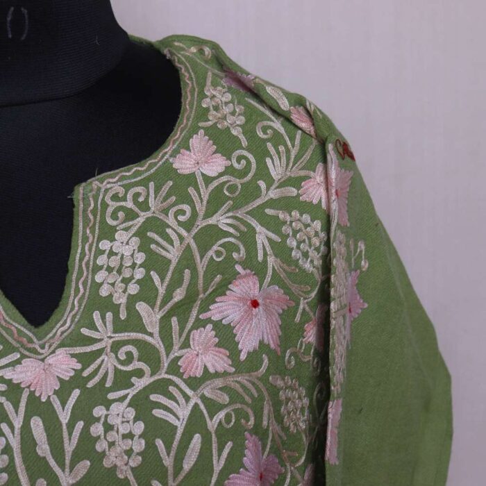 Sameena Forest Green Kashmiri Raffal Pheran Kurta with Elegent Aari Work - Image 3