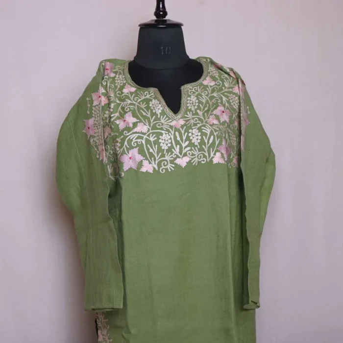 Sameena Forest Green Kashmiri Raffal Pheran Kurta with Elegent Aari Work - Image 2