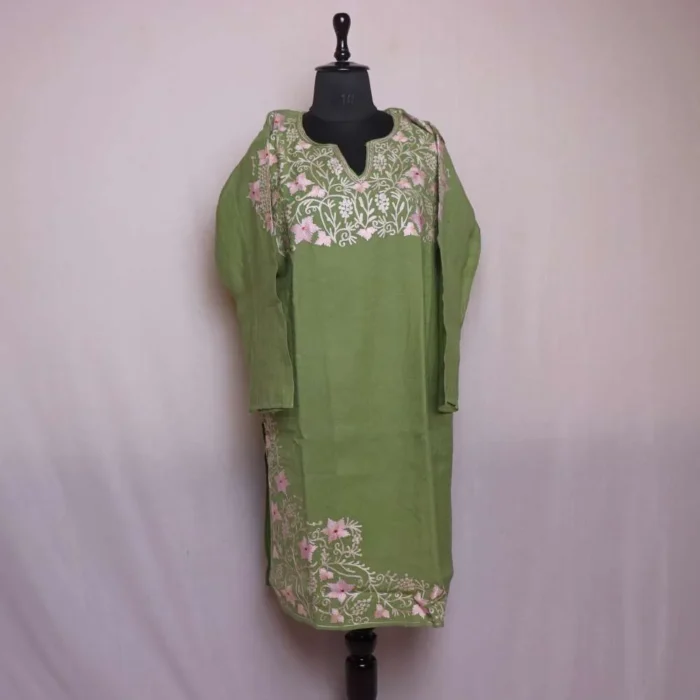 Sameena Forest Green Kashmiri Raffal Pheran Kurta with Elegent Aari Work