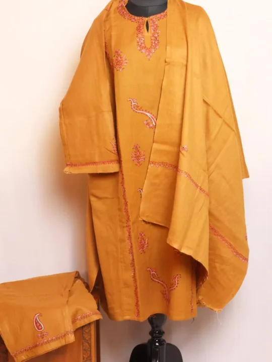 Zehra Dark Mustard Raffal Wool 3PC Pheran Set With Hand Sozni Embroidery