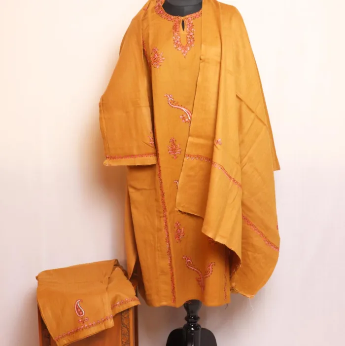 Zehra Dark Mustard Raffal Wool 3PC Pheran Set With Hand Sozni Embroidery