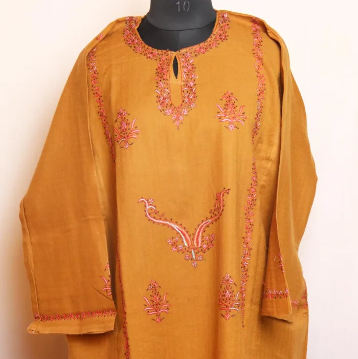 Zehra Dark Mustard Raffal Wool 3PC Pheran Set With Hand Sozni Embroidery - Image 2