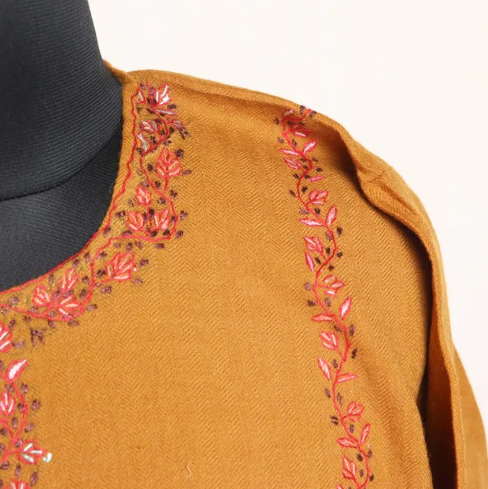 Zehra Dark Mustard Raffal Wool 3PC Pheran Set With Hand Sozni Embroidery - Image 3