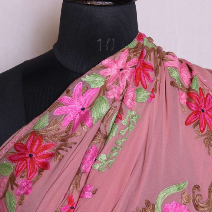 Zareen Light Pink Georgette Saree with Elegant Aari Detailing - Image 3