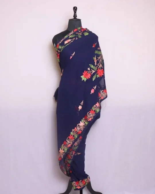 Benazir Royal Blue Georgette Saree with Elegant Aari Detailing