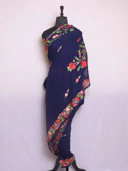 Benazir Royal Blue Georgette Saree with Elegant Aari Detailing