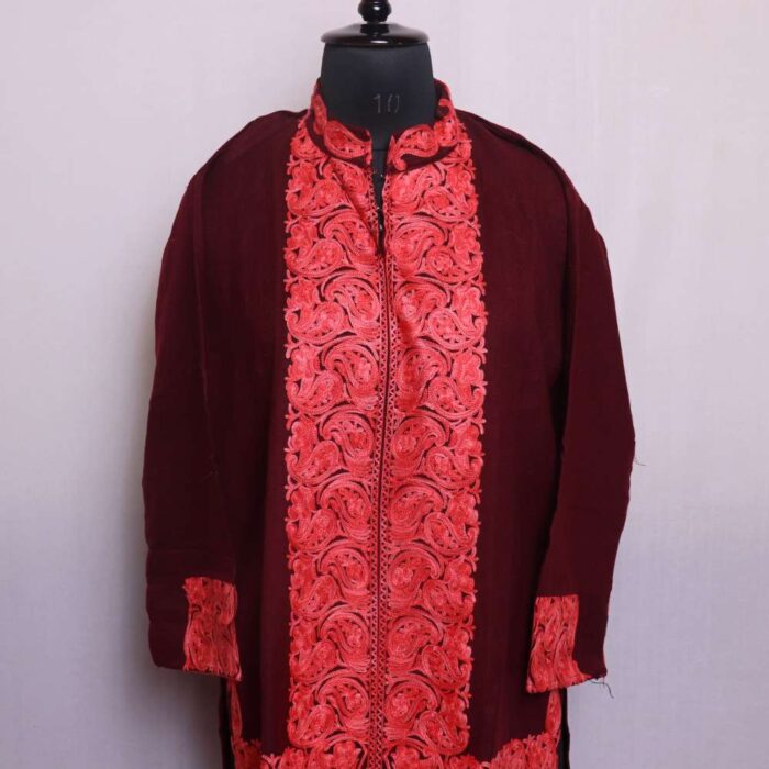 Sabah Maroon Cashmilon Short Coord Set with Beautiful Aari Pattern - Image 3