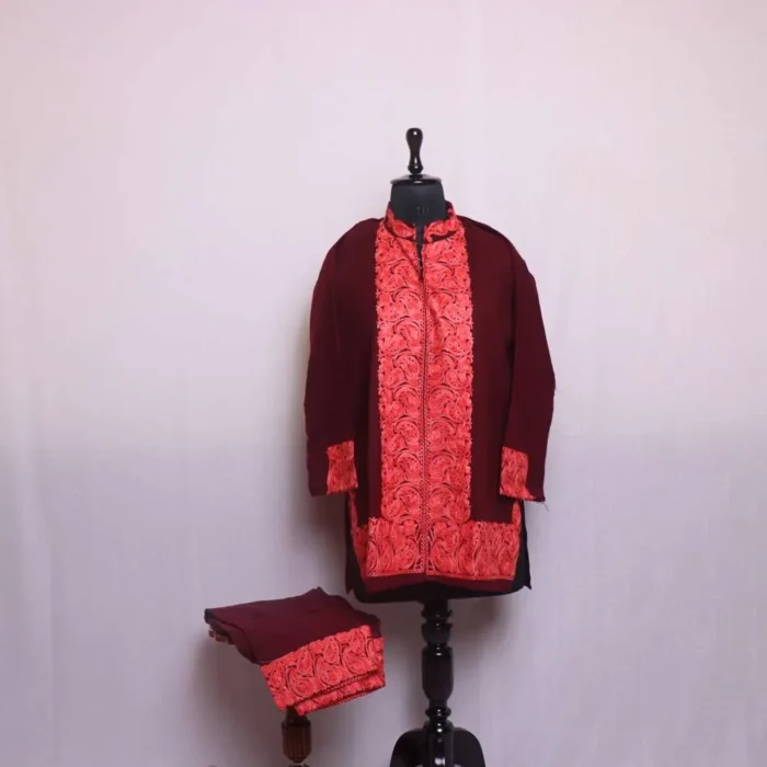 Sabah Maroon Cashmilon Short Coord Set with Beautiful Aari Pattern - Image 4