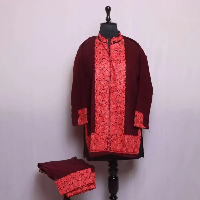 Sabah Maroon Cashmilon Short Coord Set with Beautiful Aari Pattern