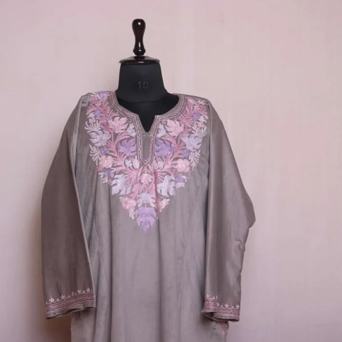 Shabnam Light Grey Velvet Feran with Refined Aari Detailing - Image 2