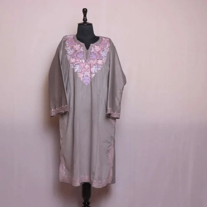 Shabnam Light Grey Velvet Feran with Refined Aari Detailing
