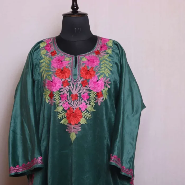 Shaista Teal Velvet Pheran - Exquisite Aari Work for Winter Days - Image 2