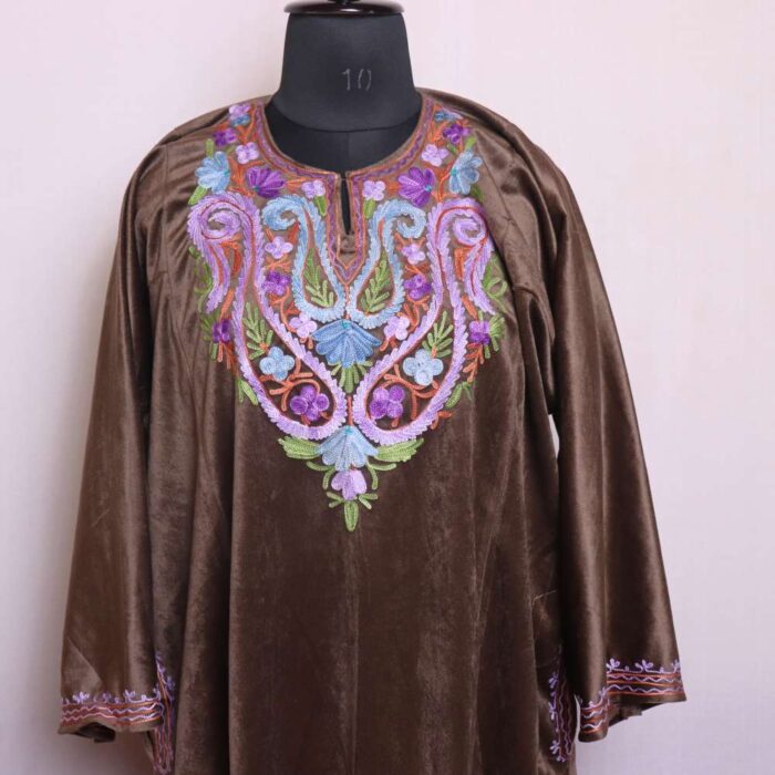 Parveen Chocolate Brown Velvet Winter Pheran with Fine Aari Embroidery - Image 2