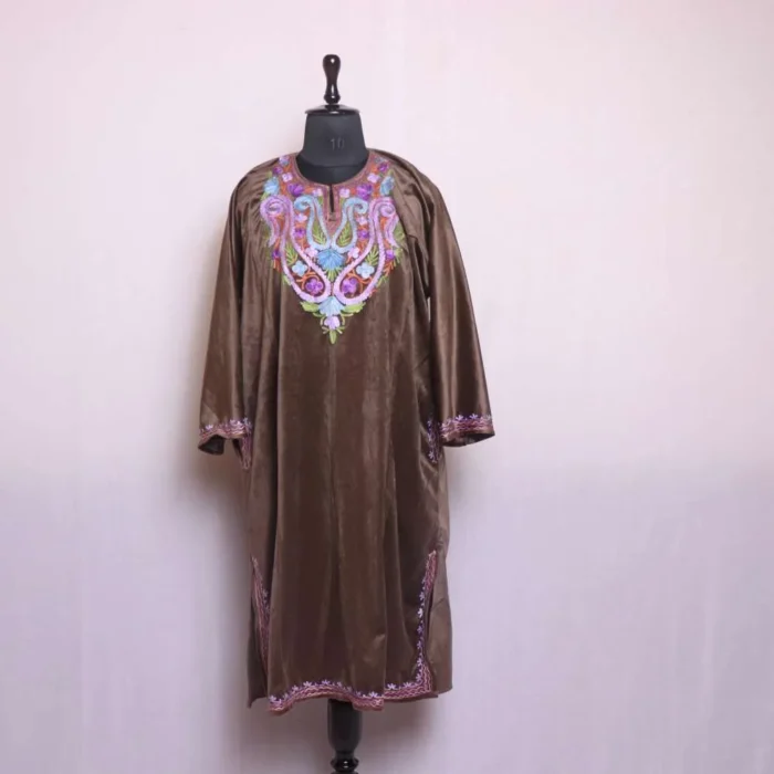 Parveen Chocolate Brown Velvet Winter Pheran with Fine Aari Embroidery