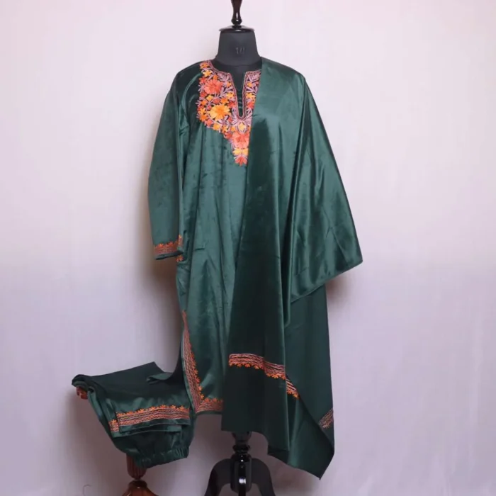 Rukhsar Green Velvet Winter Coord Set 3pc with Beautiful Aari Work