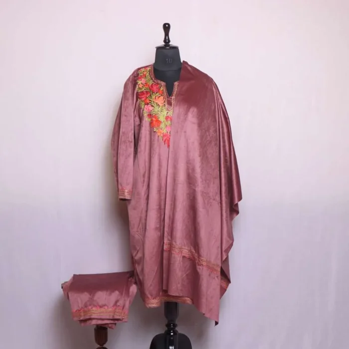 Nunchai Pink Velvet Coord Set 3pc- Intricate Aari Embroidery