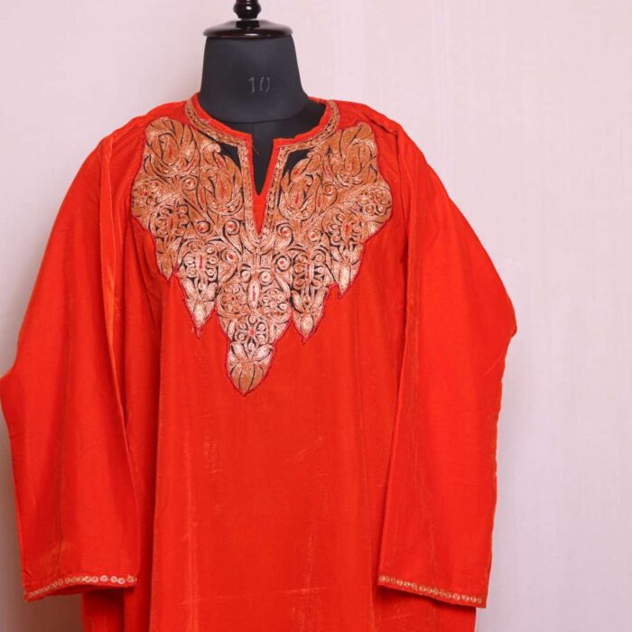 Shaista Orange Red Velvet Pheran - Exquisite Tilla Work - Image 2