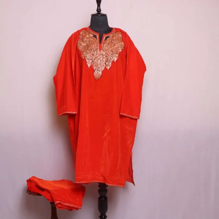 Shaista Orange Red Velvet Pheran - Exquisite Tilla Work